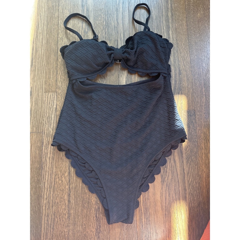 Black Textured Scalloped Cutout One Piece Swimsuit Women Bow Front Piqué